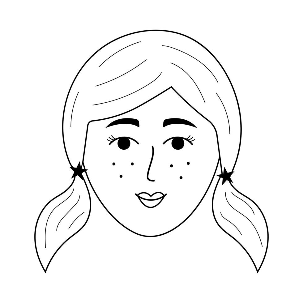 rosto de menina em estilo doodle. avatar de jovem com rabos de cavalo e sardas. vetor