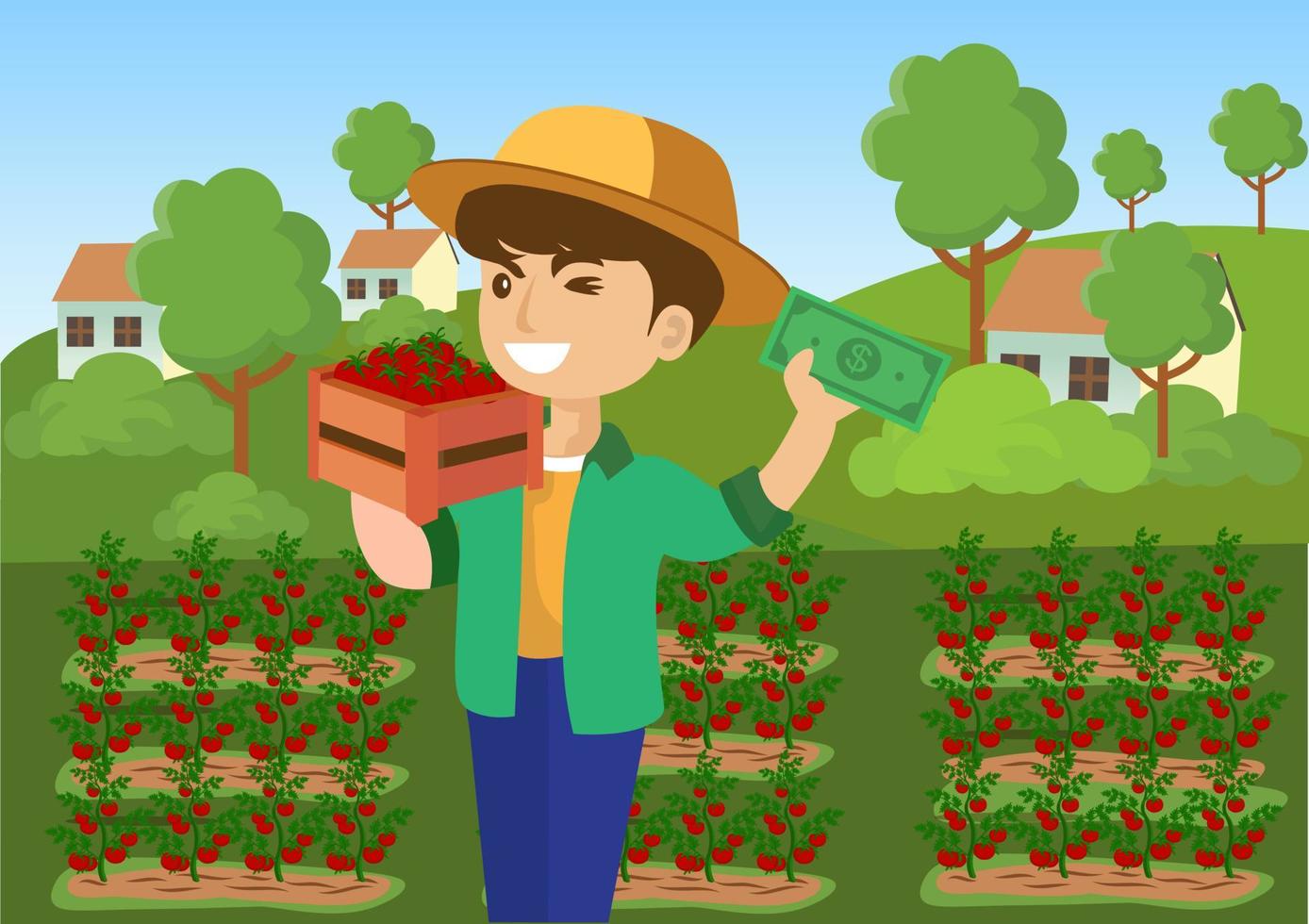 homem vendendo tomates frescos de sua fazenda o faz lucrar com seu investimento vetor