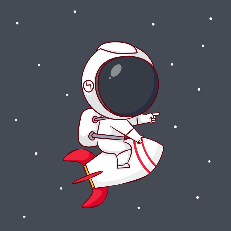 personagem de desenho animado bonito do foguete de equitação do astronauta. mão desenhada fundo isolado de personagem chibi. vetor