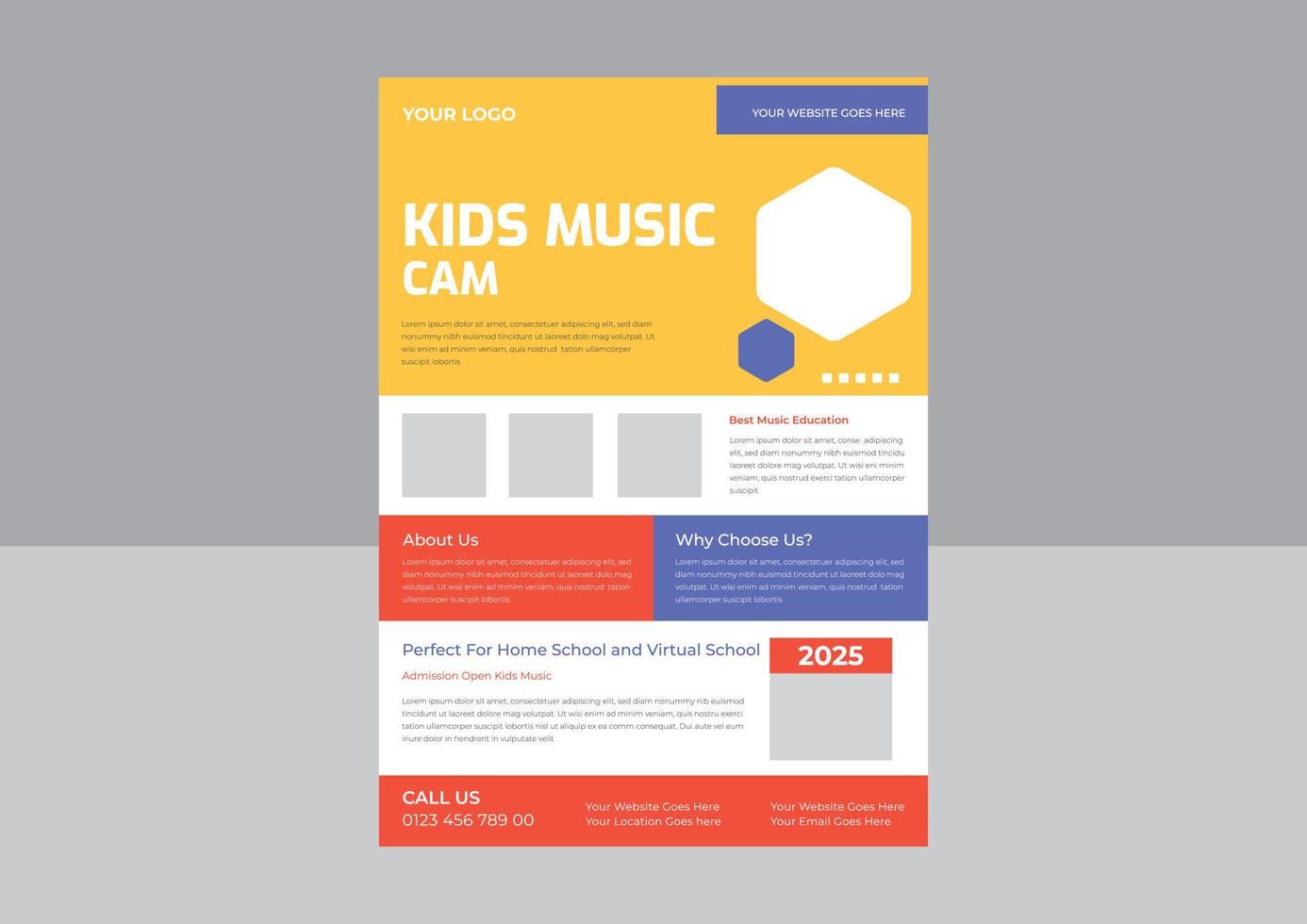 modelo de design de folheto de música infantil, modelo de design de folheto on-line de classe de música infantil, folheto de classe de música infantil, modelo de pôster. vetor