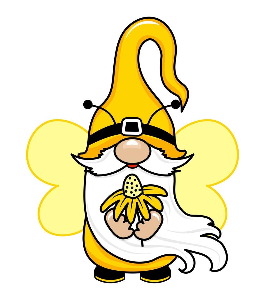 bumble bee gnome - ilustração de gnomo moderno desenhada à mão. perfeito para publicidade, cartaz, anúncio ou cartão de felicitações. lindo gnomo em traje de abelha. vetor