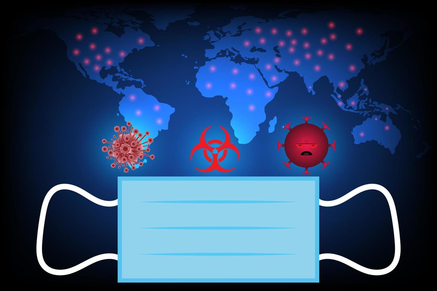 máscara e ataque de coronavírus no mundo. prevenir o fundo do mapa covid do vírus do conceito vetor
