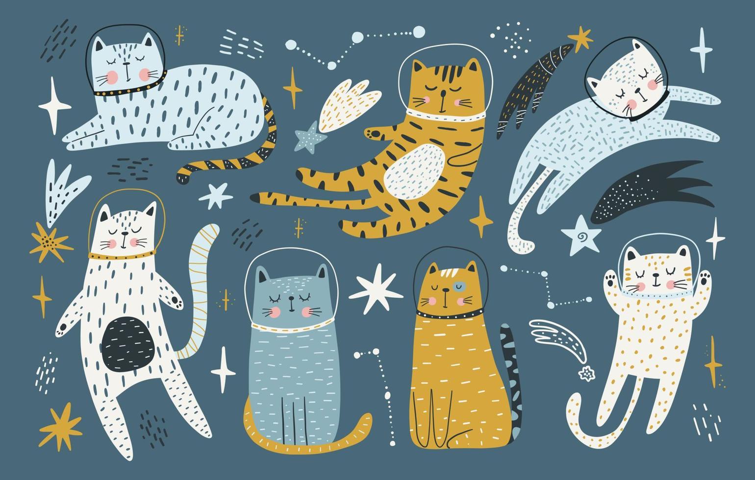 astronautas de gatos fofos viajando no espaço sideral. aventura de cosmonauta animal no cosmos. ilustração em vetor plana de felino engraçado no universo.