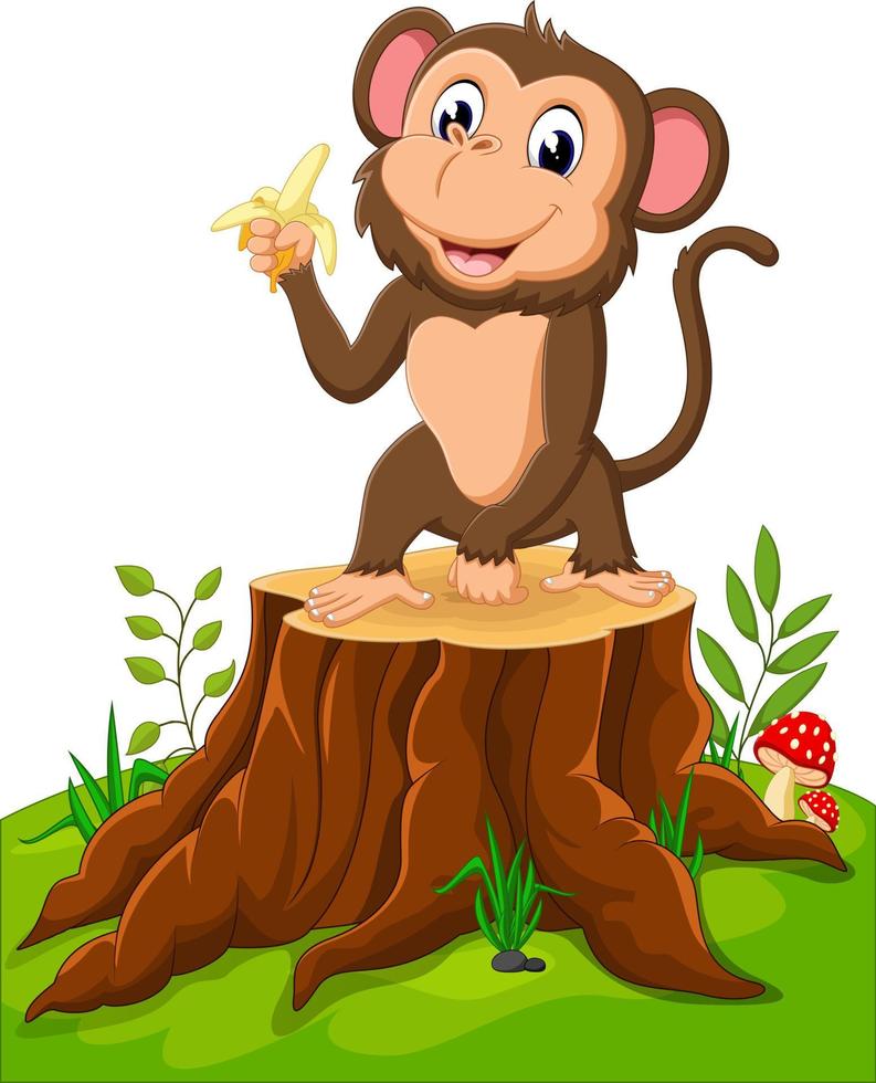 macaco engraçado dos desenhos animados segurando banana no tronco de árvore vetor