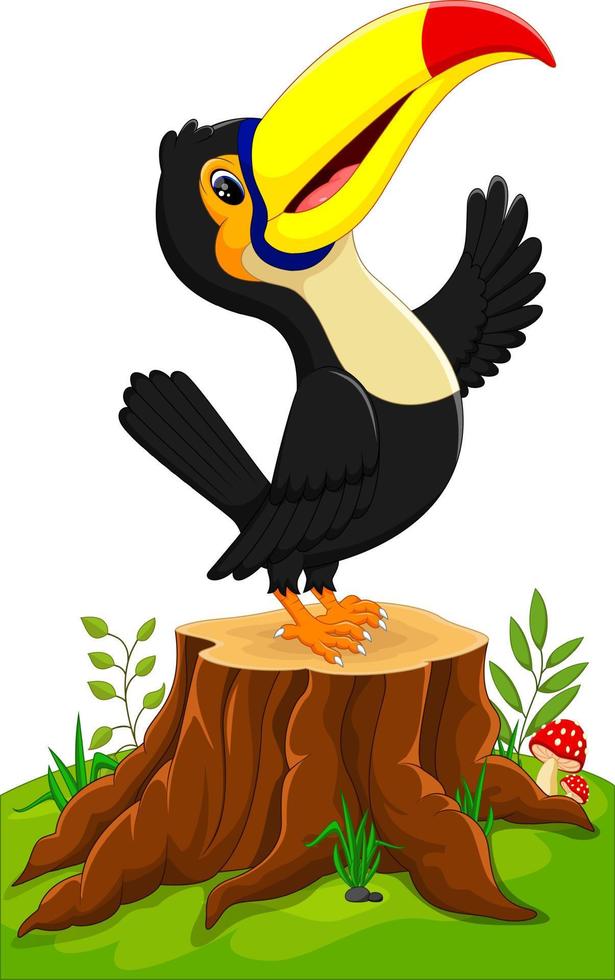 desenho animado tucano feliz no toco de árvore vetor