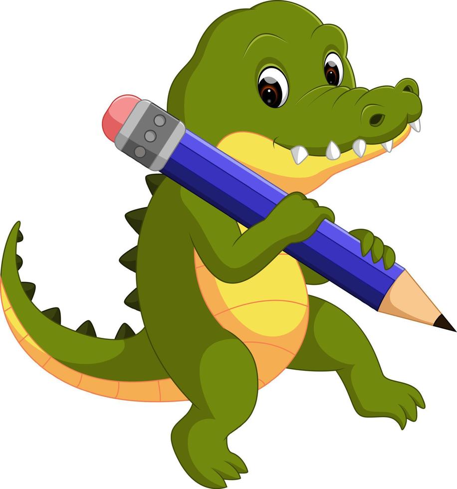 crocodilo fofo segurando o lápis vetor