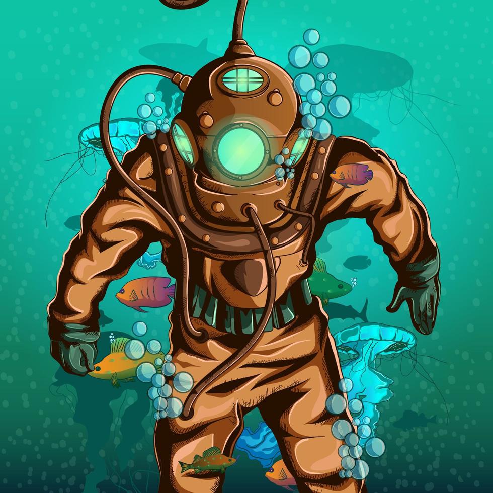 mergulhador na ilustração vetorial do mar profundo vetor