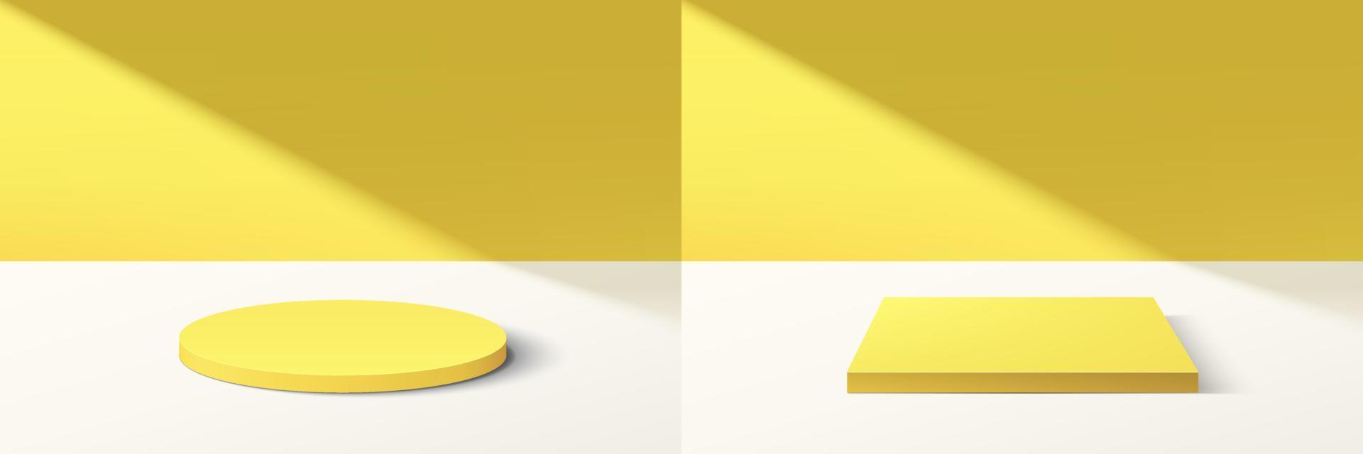 conjunto de pódio de pedestal de cubo e cilindro amarelo 3d abstrato com cena de parede mínima amarela brilhante na sombra. coleção de plataforma geométrica de renderização vetorial para apresentação de exibição de produtos cosméticos vetor