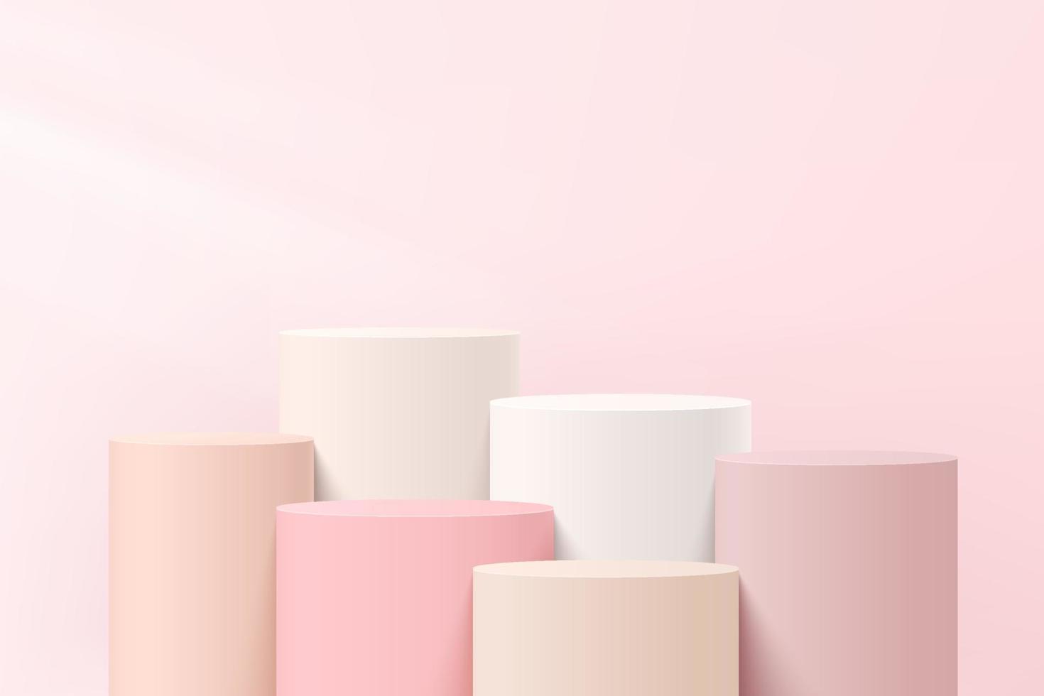 pedestal de cilindro de passos 3d branco e rosa abstrato ou pódio com cena de parede rosa pastel para apresentação de exibição de produtos cosméticos. design de plataforma de renderização geométrica vetorial. vetor eps10.