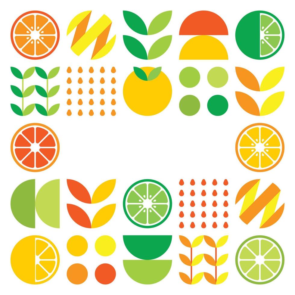 quadro de vetor plano minimalista em símbolo de frutas cítricas. ilustração geométrica simples de laranjas, limões, limonada e folhas. desenho abstrato laranja sobre fundo branco. bom para cartazes ou banners.