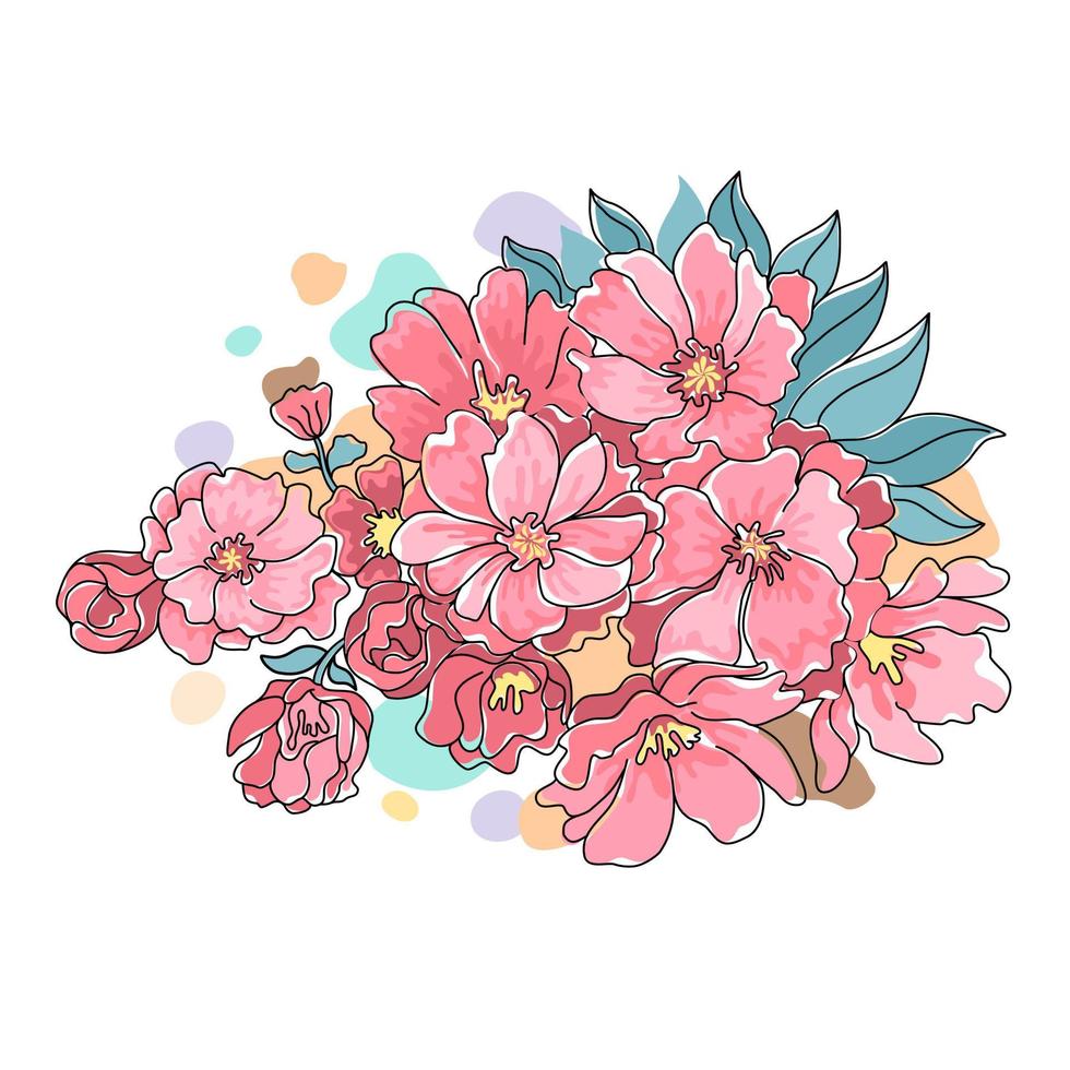 ilustração vetorial de flor projetada em estilo doodle de cores brilhantes em fundo branco para cartões, planos de fundo, cartão postal, cartazes, presentes, decorações com tema de primavera e muito mais vetor