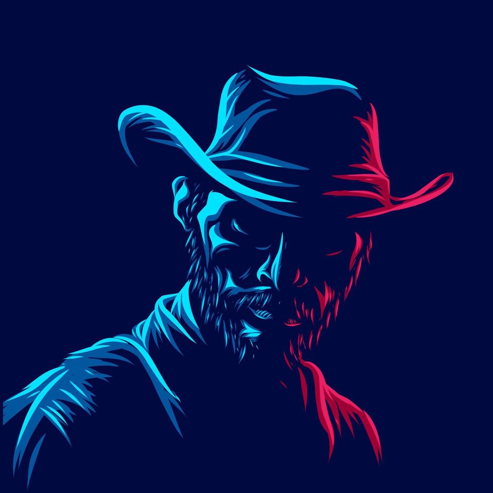 bandido americano cowboy logotipo linha pop art potrait design colorido com fundo escuro. ilustração em vetor abstrato.