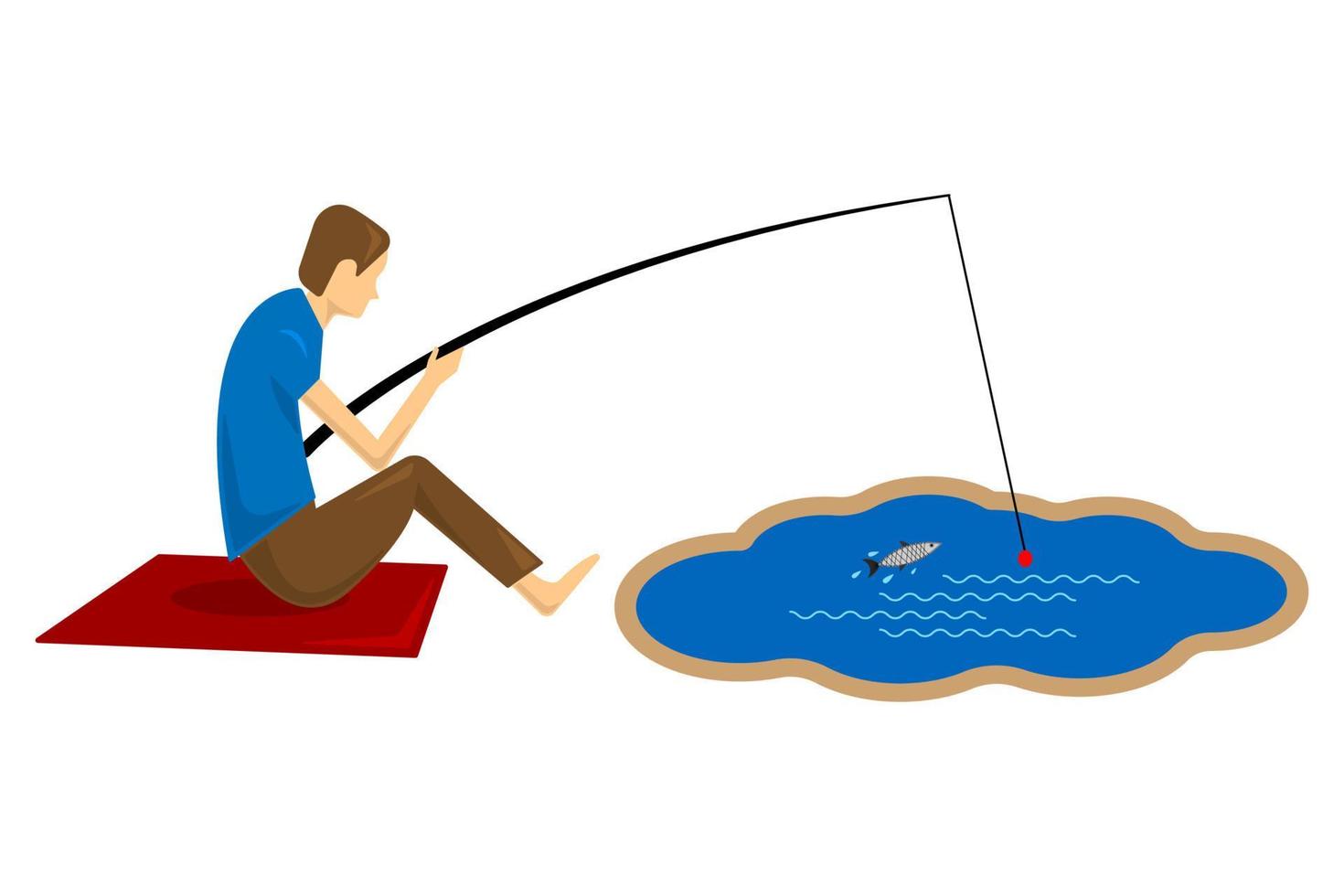 pescador sentado com vara de pescar estilo cartoon plana vetor
