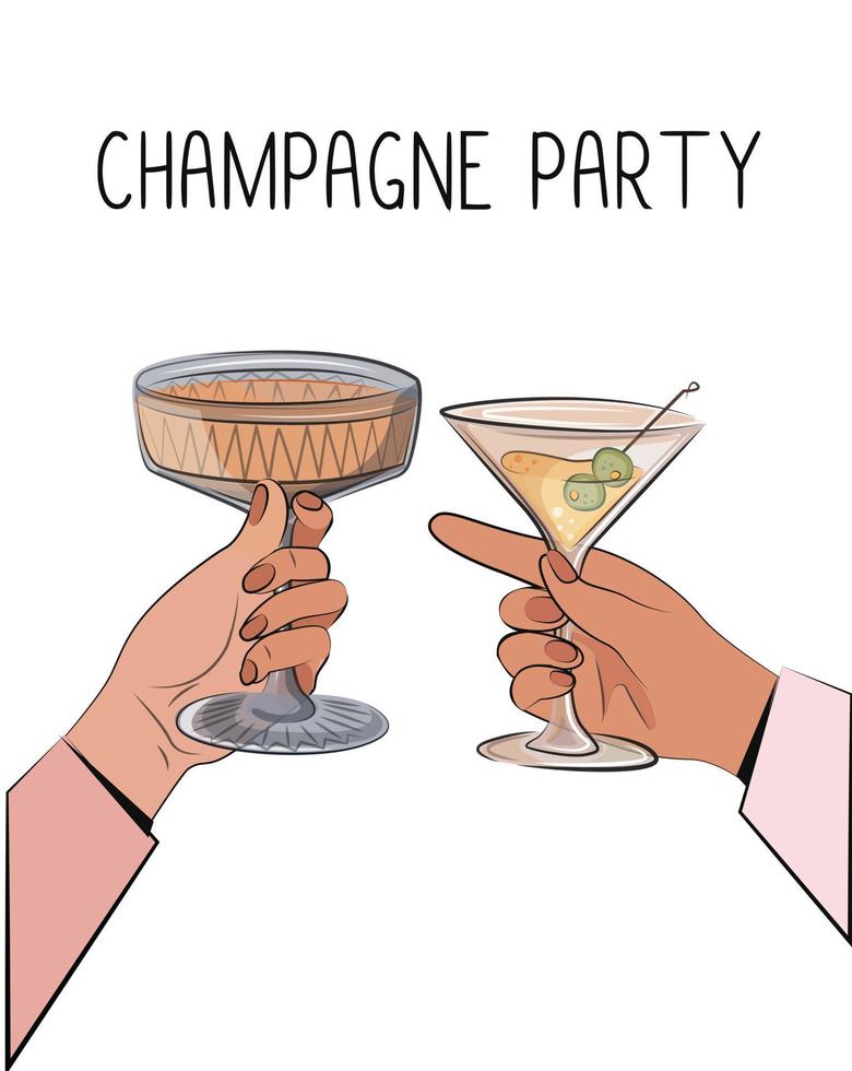 copo de vinho de cristal martini champanhe bebidas alcoólicas na festa, convites de festa cartão de aniversário vetor óculos nas mãos diferentes cores de pele isoladas no bar branco design de menu de restaurante salvar a data
