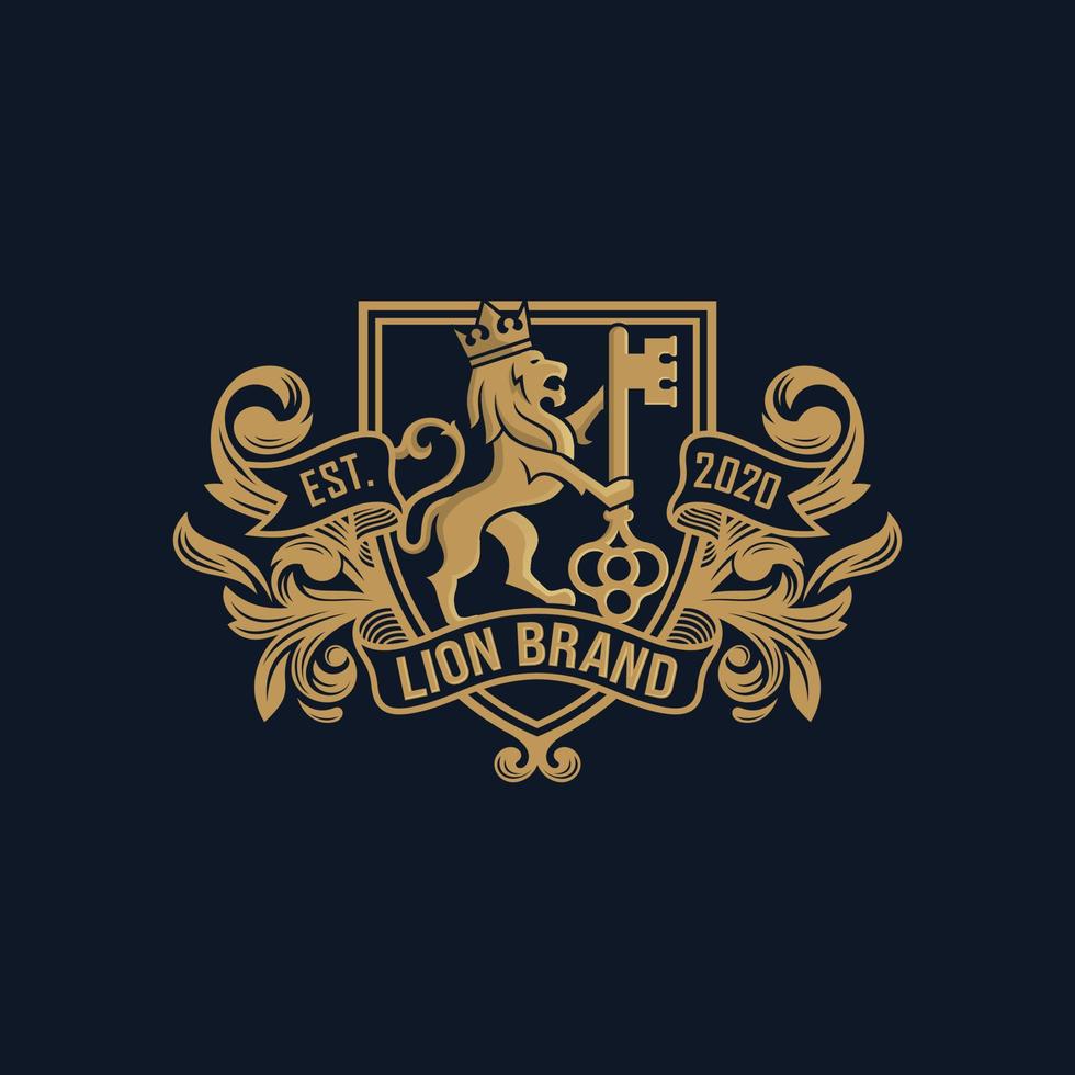estilo de linha moderna do emblema da heráldica do leão com um escudo e uma coroa - ilustração vetorial vetor