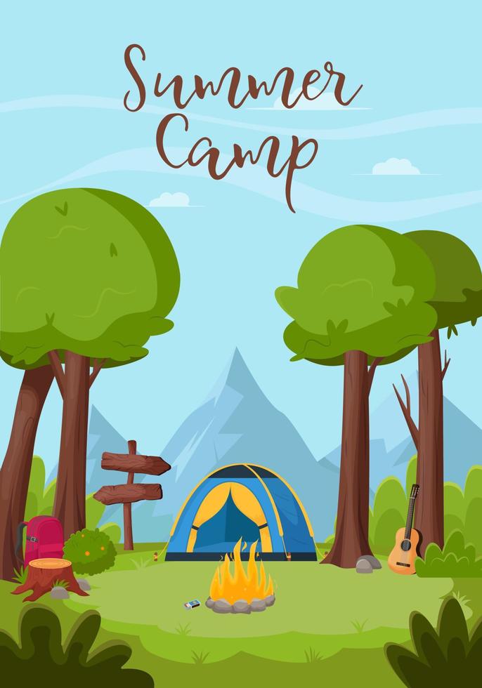 paisagem de verão na floresta. acampamento de verão, caminhadas, campista, conceito de hora de aventura. ilustração vetorial plana para pôster, banner, panfleto vetor