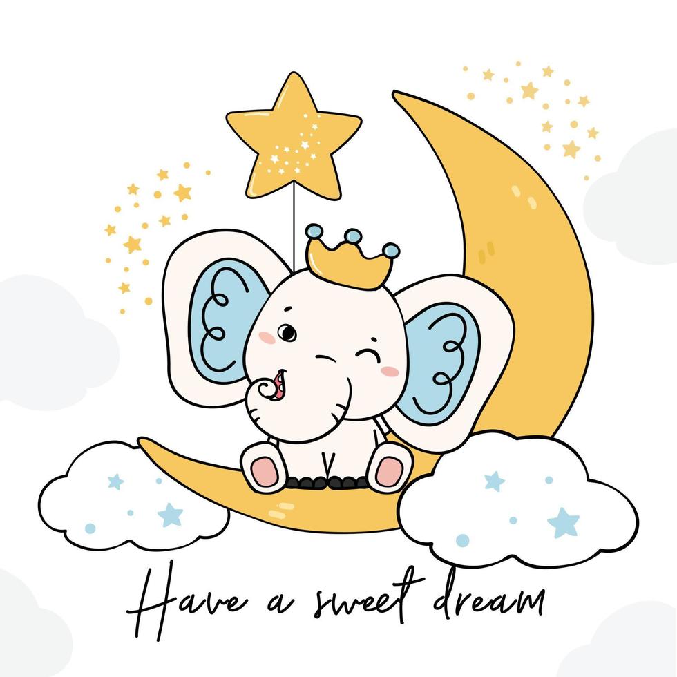 lindo bebê elefante príncipe da floresta na noite crescente doce sonho cartão de saudação de aniversário vetor de desenho animado