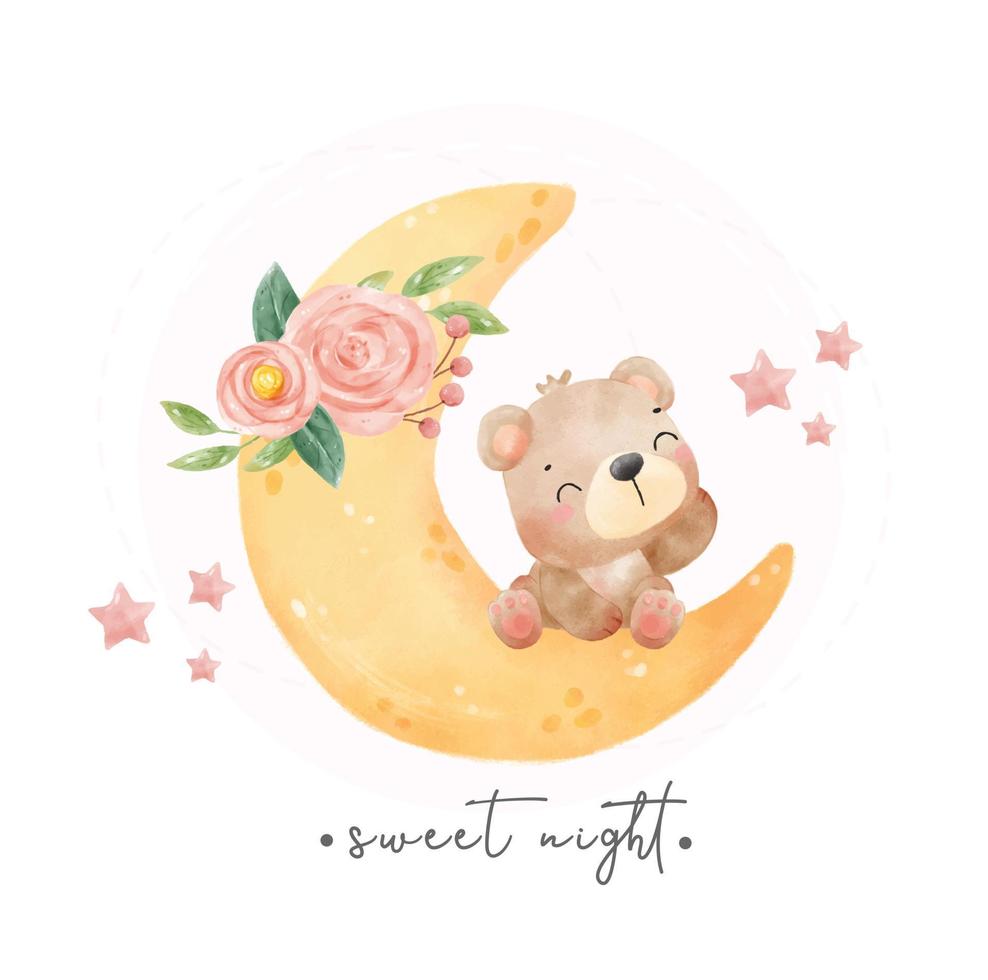 lindo sorriso feliz bebê ursinho de pelúcia no crescente floral, noite doce, desenho animado animal de berçário vetor de aquarela desenhado à mão