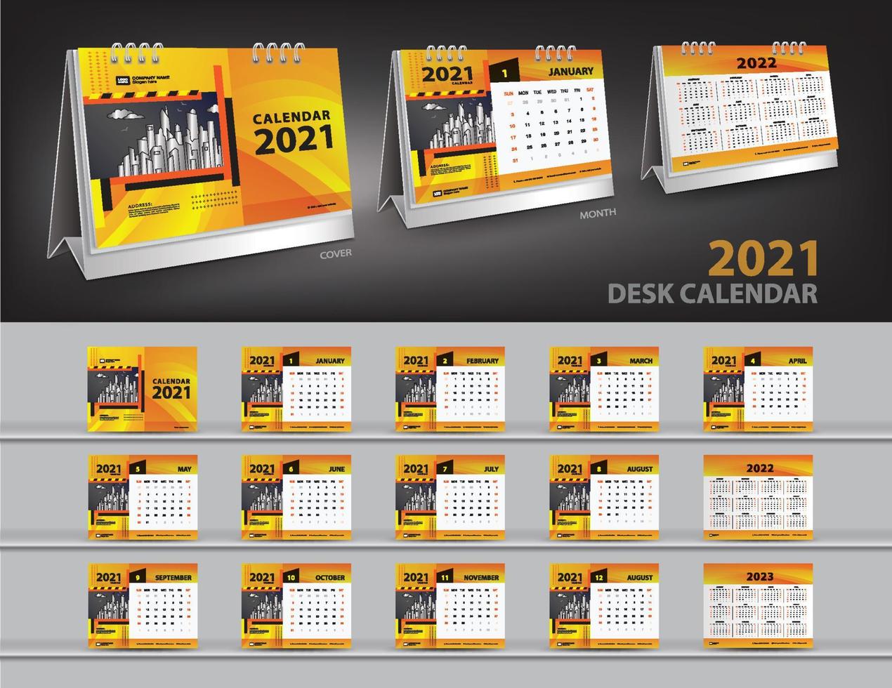 calendário 2021, 2022, 2023 ano modelo vetor e calendário de mesa de maquete 3d, definir calendário de mesa 2021 vector design criativo, design de capa laranja, conjunto de 12 meses, semana começa domingo, artigos de papelaria.