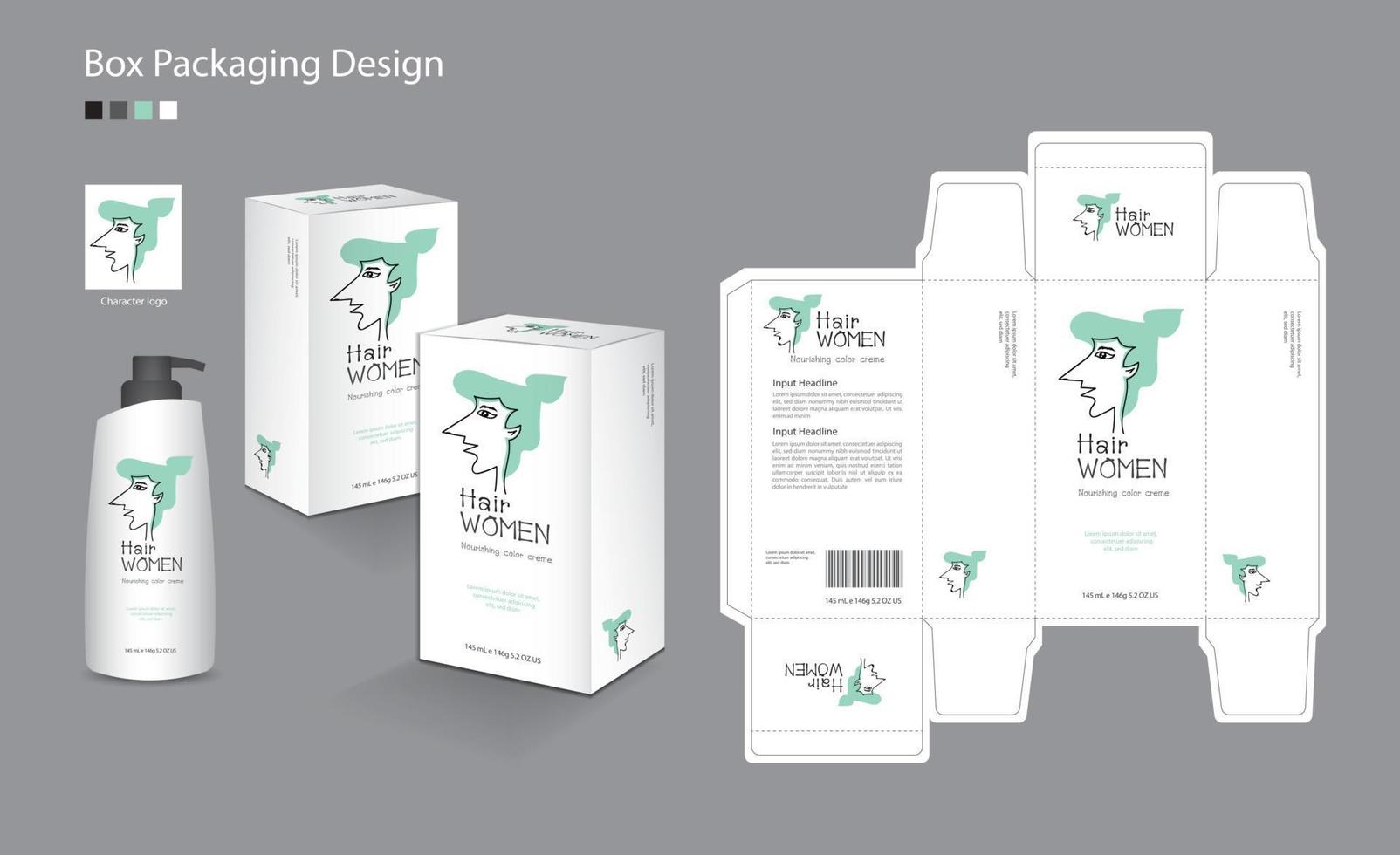 vetor de embalagem de caixa para cabelo, creme, pele, loção, xampu, beleza, saúde, medicina, suplemento. caixa 3D. maquete de caixas, design de embalagem, design de produto, ilustração vetorial de desenho animado de personagem feminina