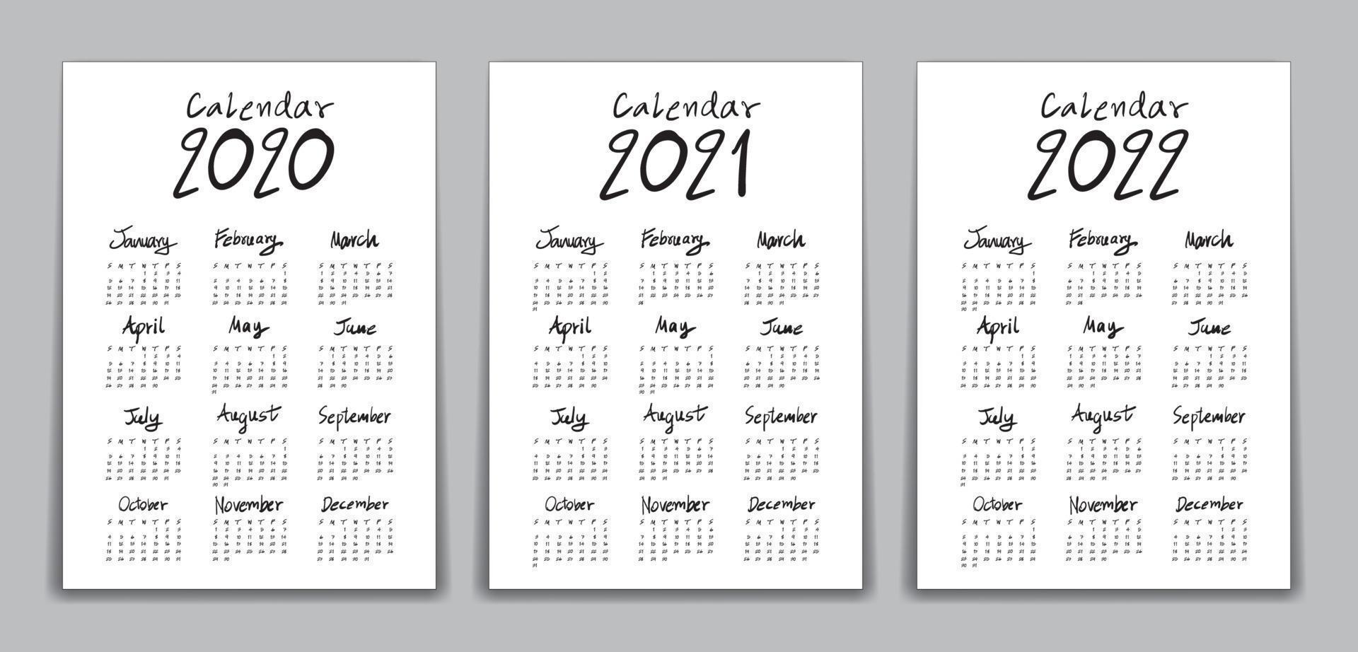 calendário 2020, 2021, vetor de modelo de ano 2022, calendário de letras, ilustração vetorial de calendário de letras desenhadas à mão, simples, conjunto de 12 meses, semana começa domingo, artigos de papelaria, panfleto, design de pôster