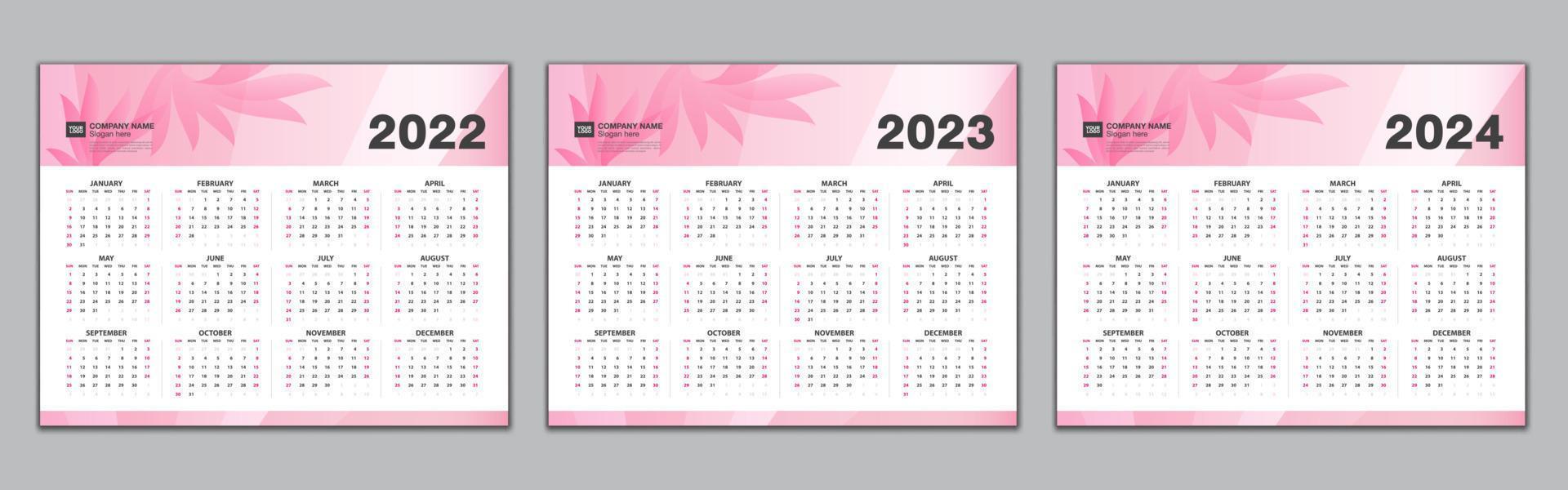 calendário 2022, 2023, modelo de 2024 anos, calendário simples, design de calendário de mesa, calendário de parede semana começa a partir de domingo. conjunto de 12 meses, planejador, pôster, vetor eps10, fundo abstrato vermelho