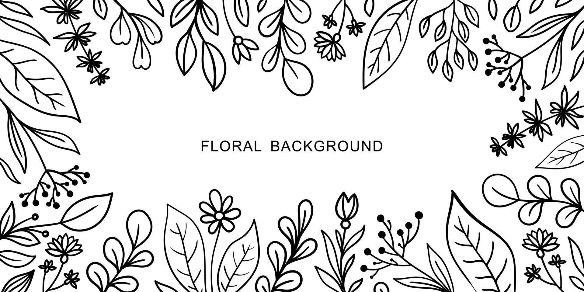 fundo de vetor branco com flores pretas doodle e galhos nas bordas