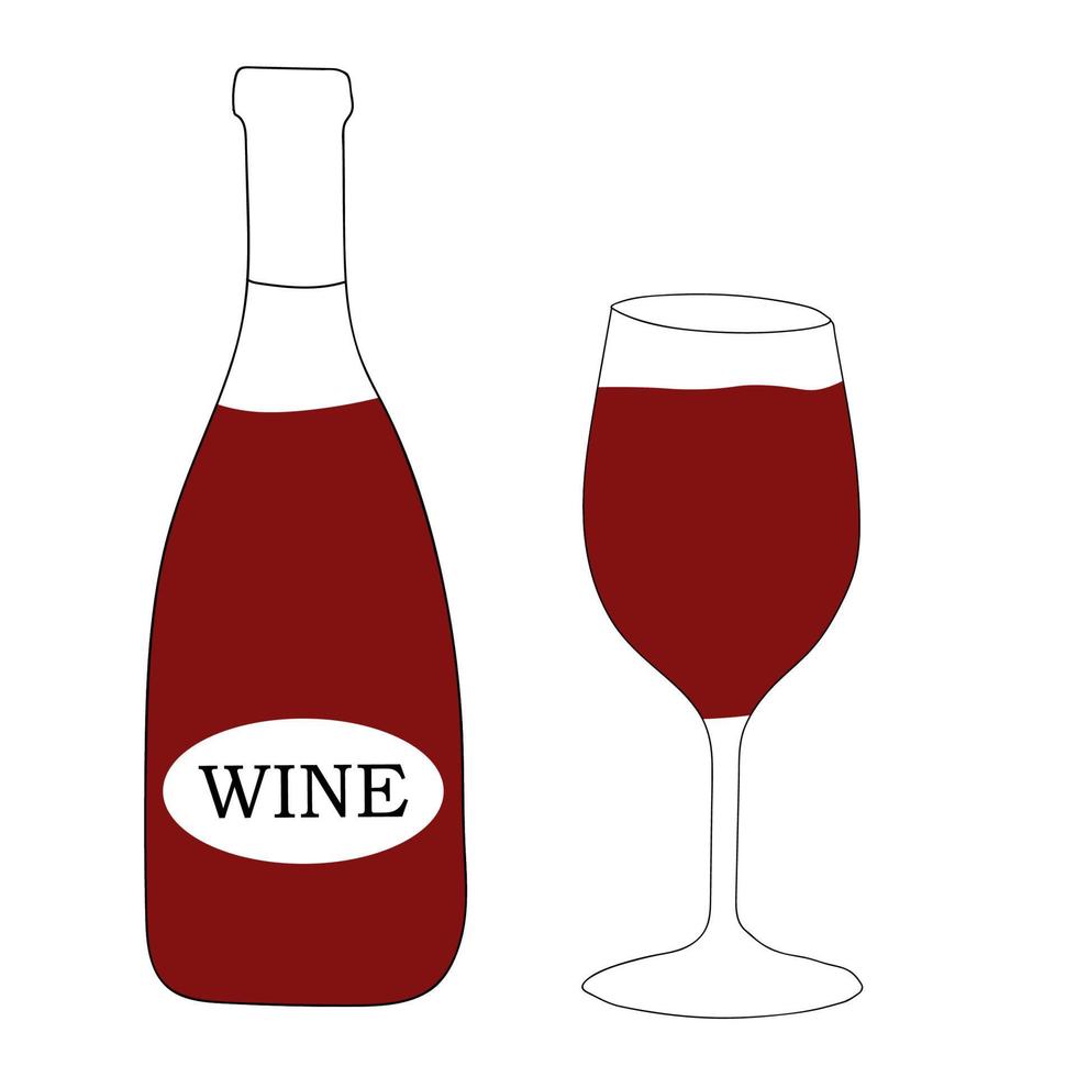 vinho tinto em uma garrafa com um copo ao lado doodle ilustração vetorial vetor