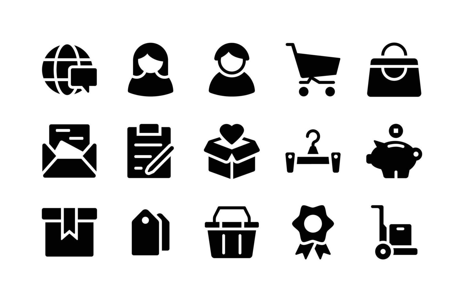 ícones de glifo de comércio eletrônico, incluindo internet, mulher, homem, carrinho, bolsa, correio, prancheta, caixa, cabide, porquinho, presente, etiquetas, cesta, medalha, carrinho vetor