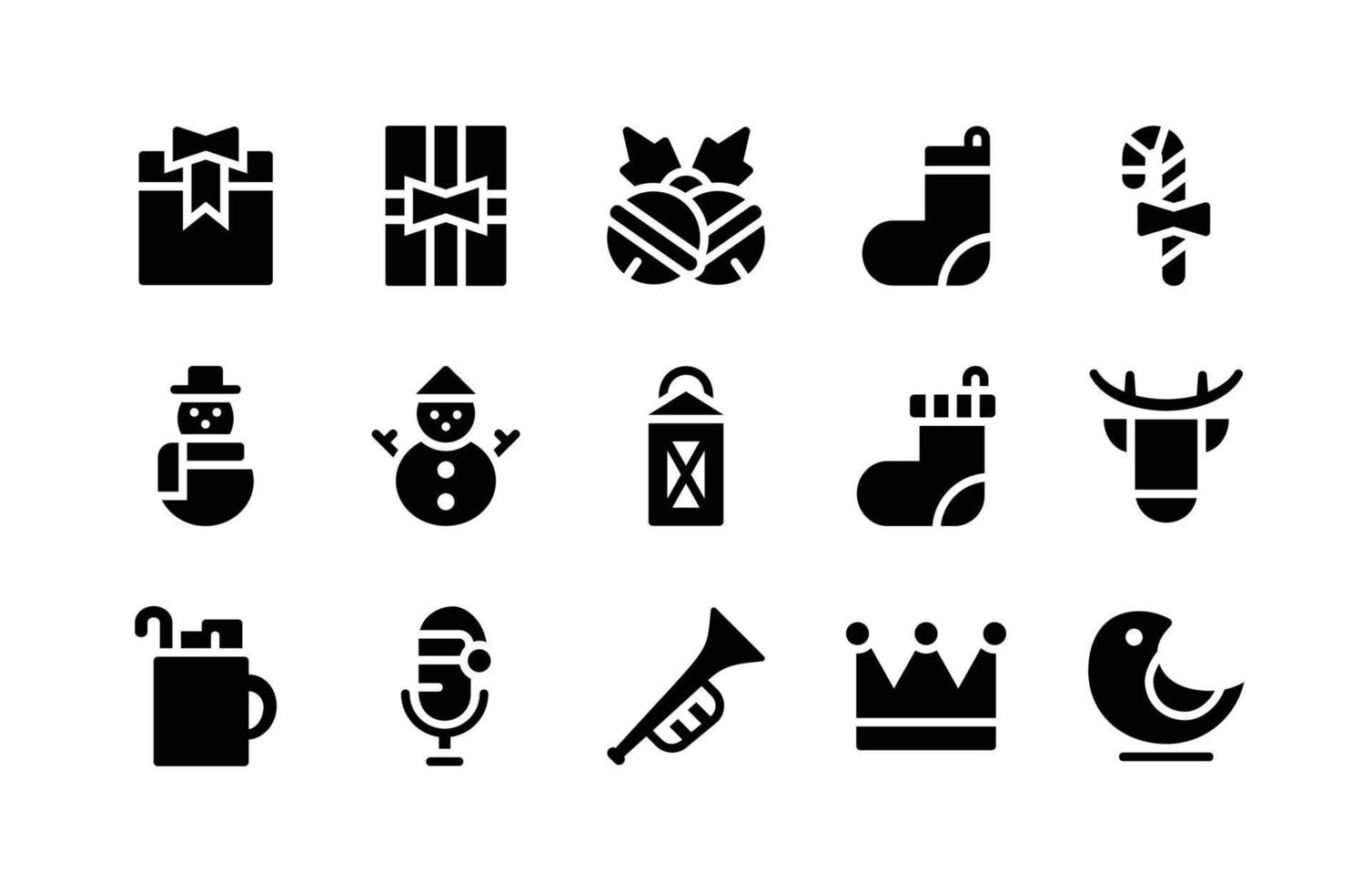 ícones de glifo de natal, incluindo caixa, presente, jingles, meias, doces, boneco de neve, boneco de neve, lâmpada, meias, veado, canecas, microfone, trompete, coroa, pássaro vetor