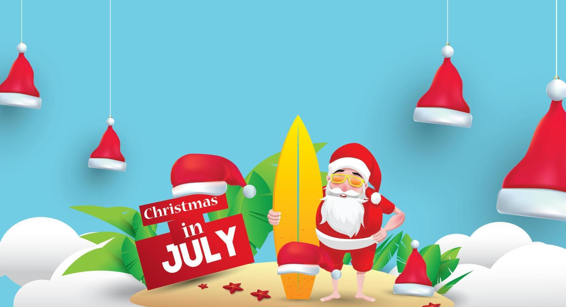 natal em junho, julho, agosto, para cartaz, marketing, publicidade, venda de verão, cartão de felicitações. papai noel no verão com espaço de cópia para texto vetor