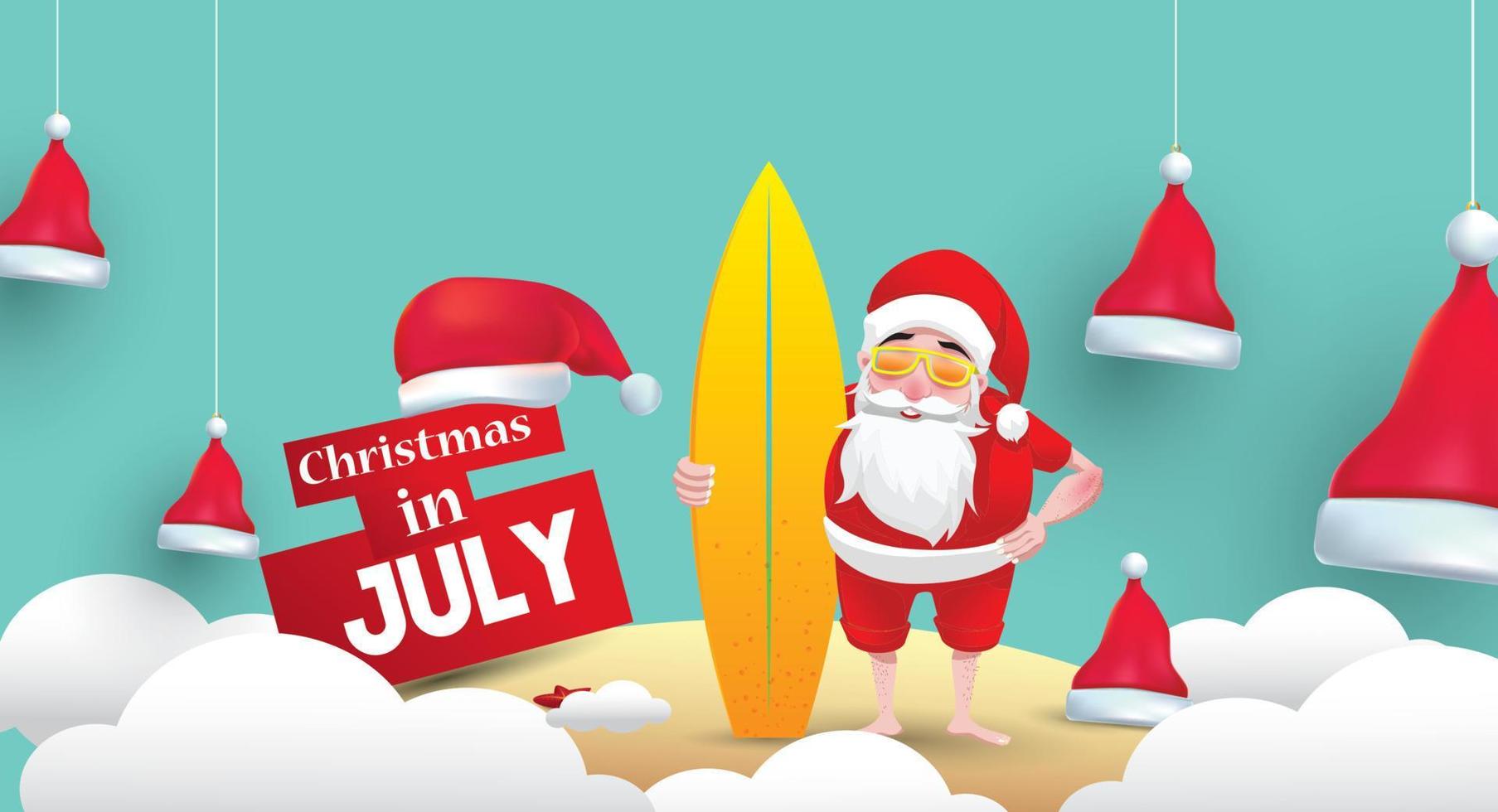 natal em junho, julho, agosto, para cartaz, marketing, publicidade, venda de verão, cartão de felicitações. papai noel no verão com espaço de cópia para texto vetor