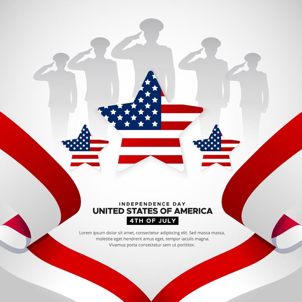 fundo de design moderno dia da independência americana com bandeira e silhueta de vetor de soldado.