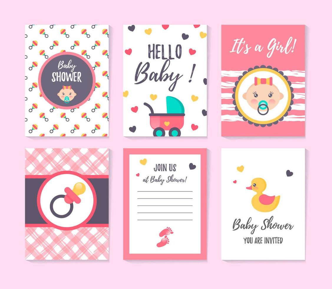 conjunto de cartões verticais e convite para chá de bebê menina. lugar para texto vetor