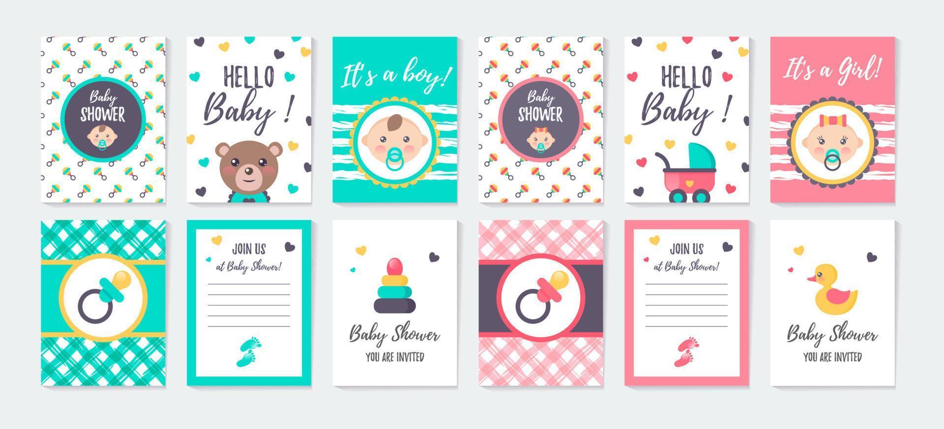 conjunto de cartões verticais e convite para chá de bebê de menina e menino. vetor