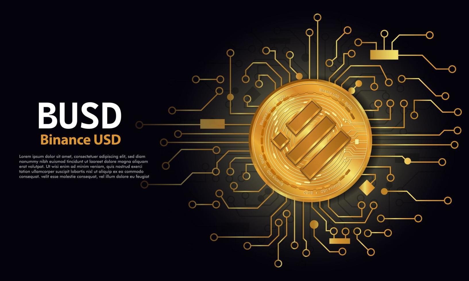 fundo de binance usd busd.technology com o logotipo circuit.busd preto com o conceito de moeda de ouro circuito board.crypto. vetor