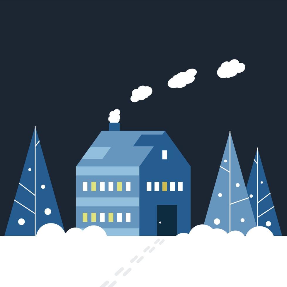 uma ilustração de uma casa de inverno azul na floresta com luz nas janelas vetor