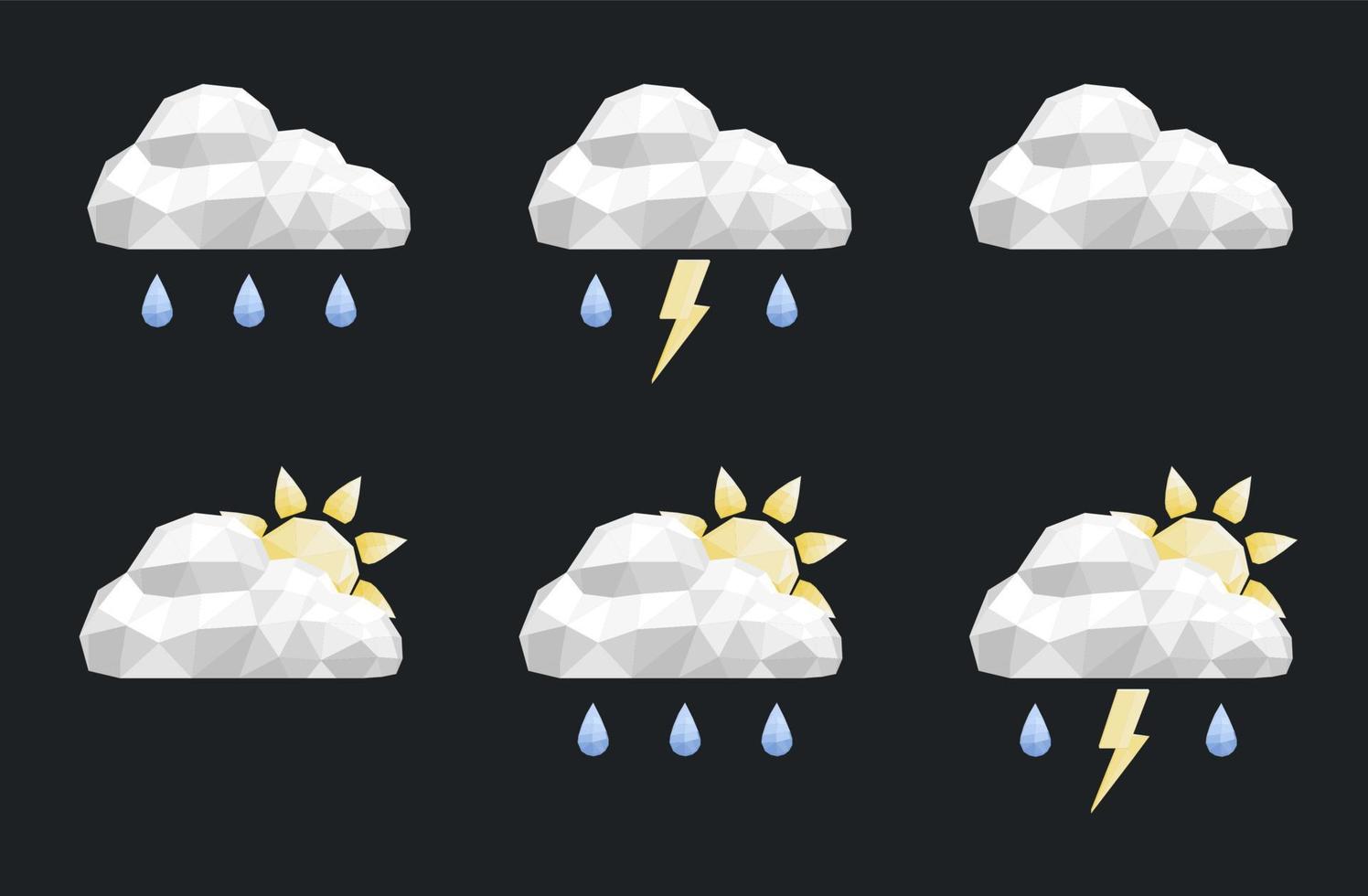 conjunto de ícones de previsão do tempo de baixo poli de volume. nuvens, chuva, neve, relâmpagos vetor