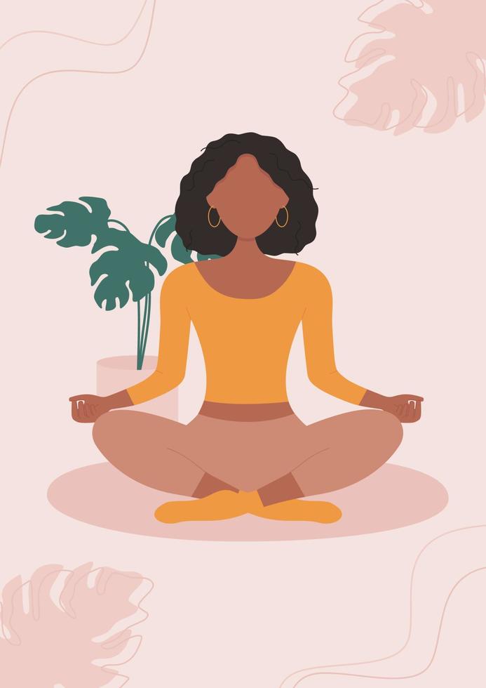 cartaz, design de banner com linda mulher afro-americana sentada e meditando na posição de lótus. meditação, estilo de vida saudável e ioga. ilustração vetorial vetor