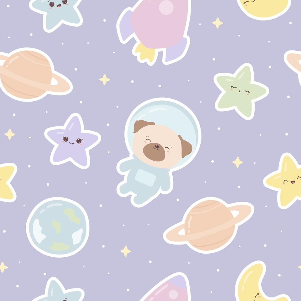 padrão perfeito com astronauta de animais kawaii de desenho animado, terra, saturno, estrelas, foguete e crescente. ilustração vetorial vetor