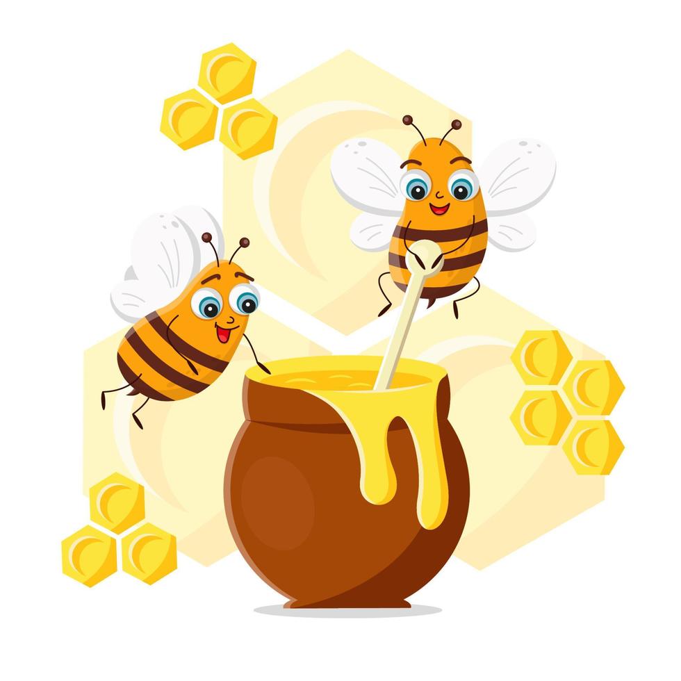 ilustração vetorial de abelhas fofas coletadas mel em uma panela grande vetor