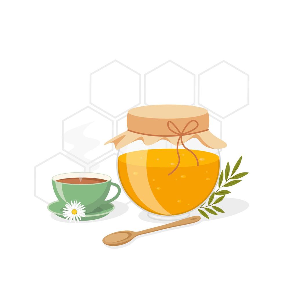 ilustração vetorial de uma jarra de vidro com mel e uma xícara de chá vetor