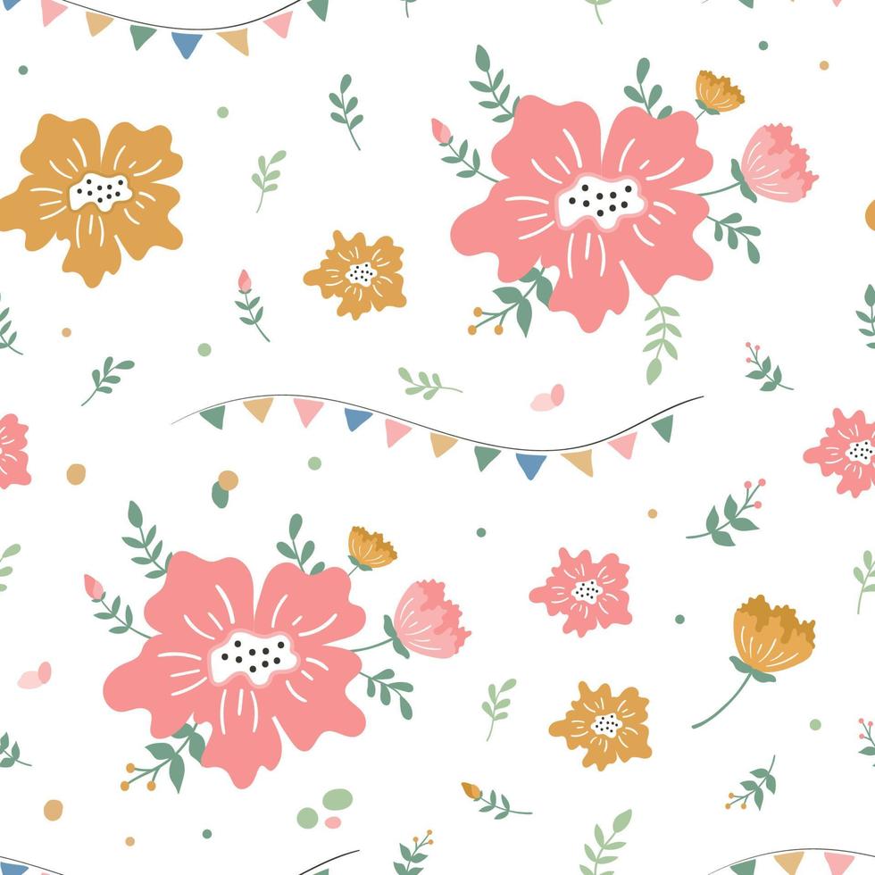desenho bonito flor e folhas padrão para papel de embrulho vetor