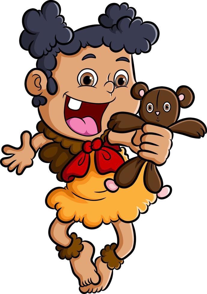 a menina humana antiga está mostrando com o pequeno ursinho de pelúcia vetor