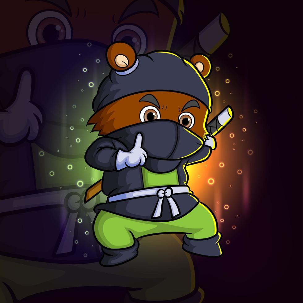 o urso ninja com o logotipo de design de mascote esport de movimento silencioso vetor