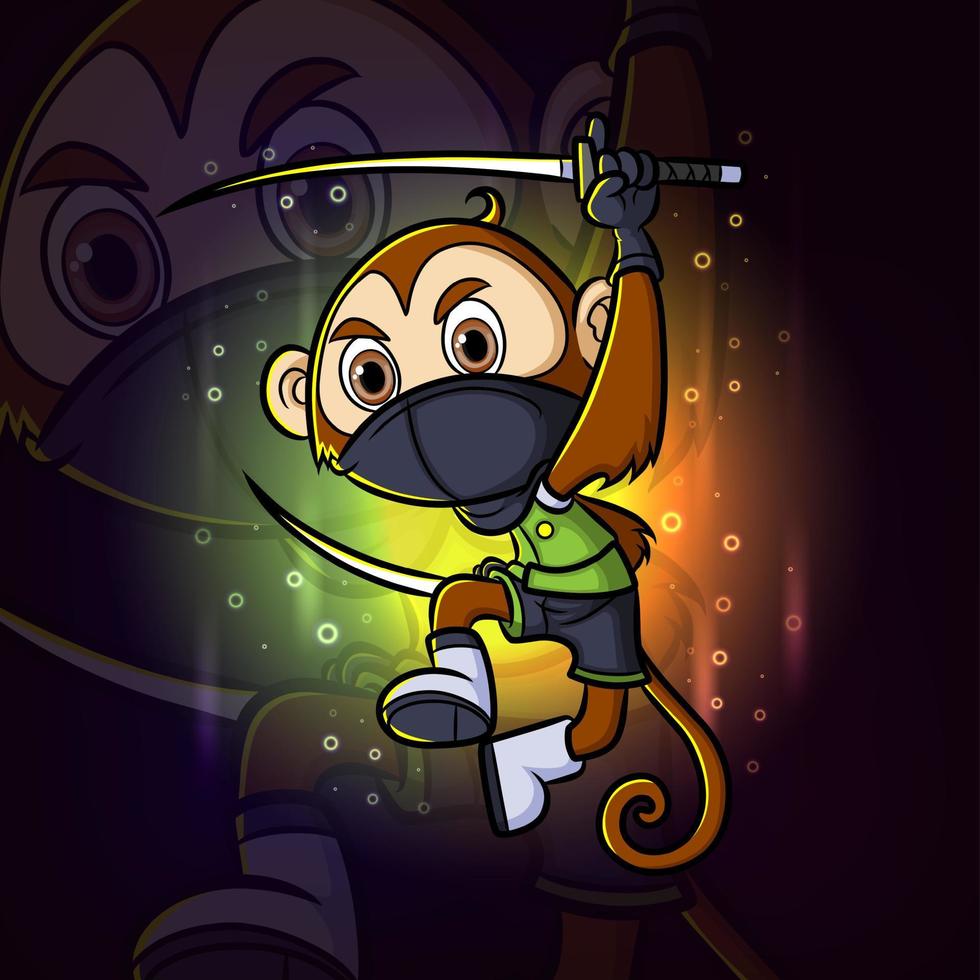 o macaco ninja é um ataque com o logotipo de design de mascote katana esport gêmea vetor