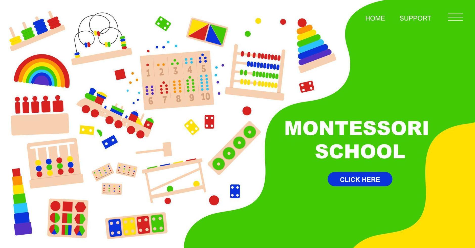 brinquedos lógicos educacionais para jogos montessori. banner criativo, página de destino para um site em estilo simples. escola montessoriana. educação sensorial com a ajuda de aulas didáticas. vetor