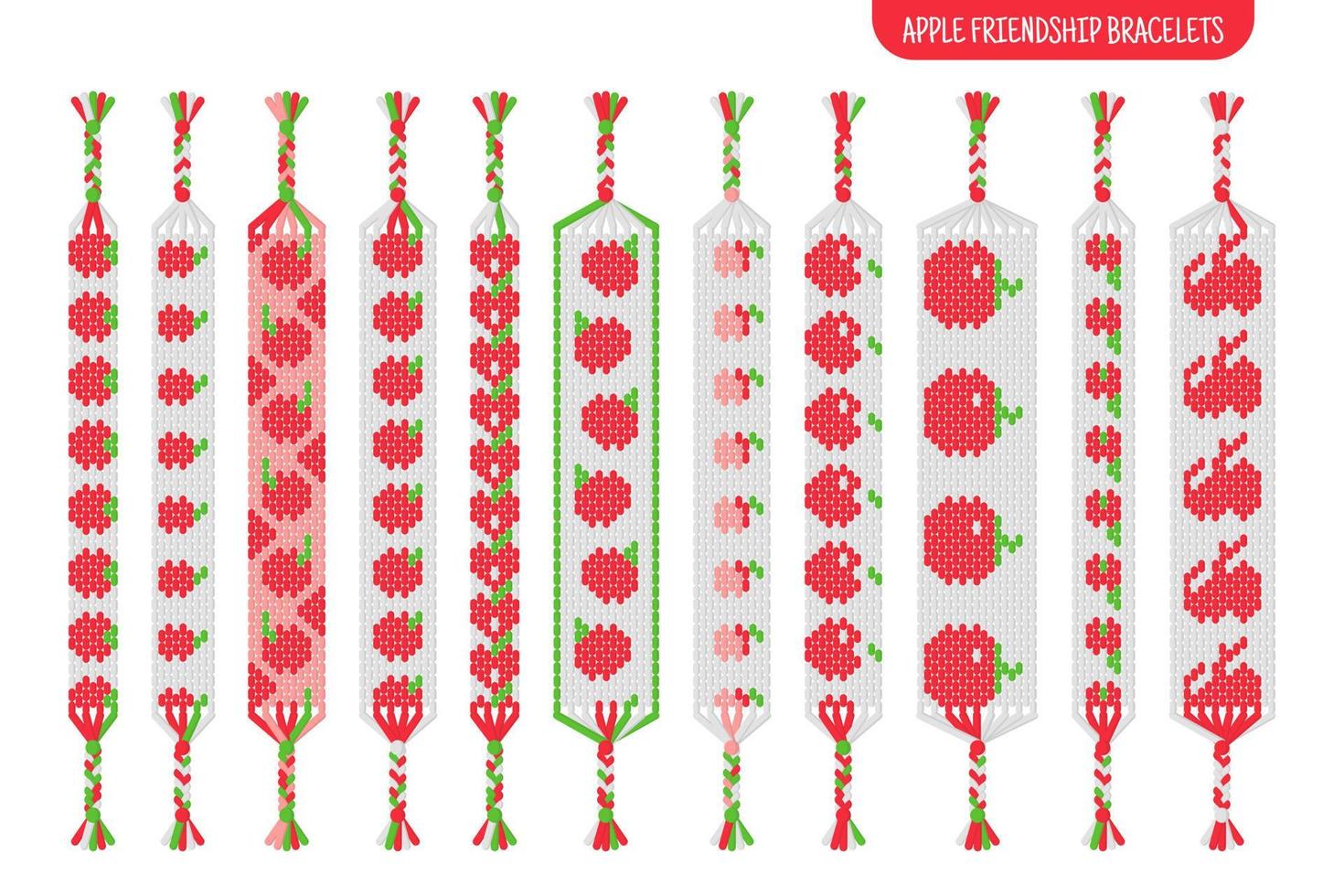 conjunto de pulseiras de amizade artesanal de maçã vermelha de fios ou miçangas. tutorial de padrão normal de macramê. vetor