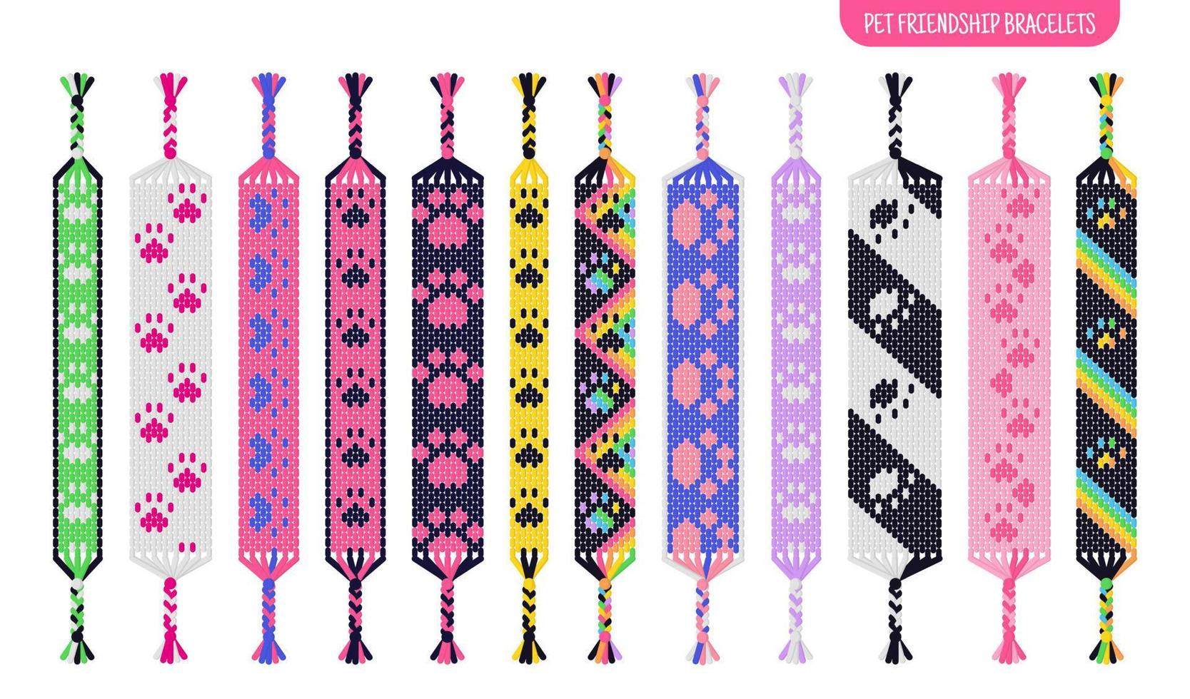 conjunto de pulseiras de amizade artesanal de pata de gato ou cachorro de fios ou miçangas. tutorial de padrão normal de macramê. vetor