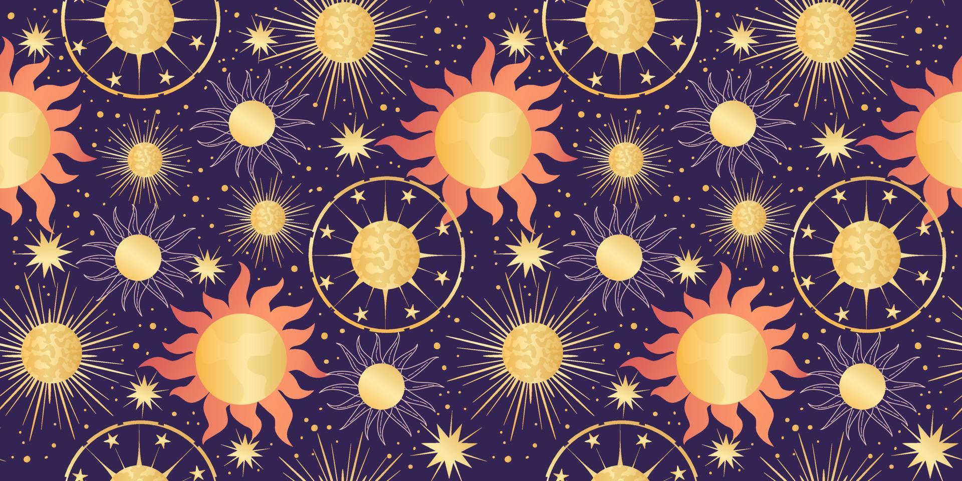 estrela celeste sem costura padrão com sol e planeta. astrologia mágica em estilo boho vintage. sol dourado com raios e estrelas. ilustração vetorial. vetor